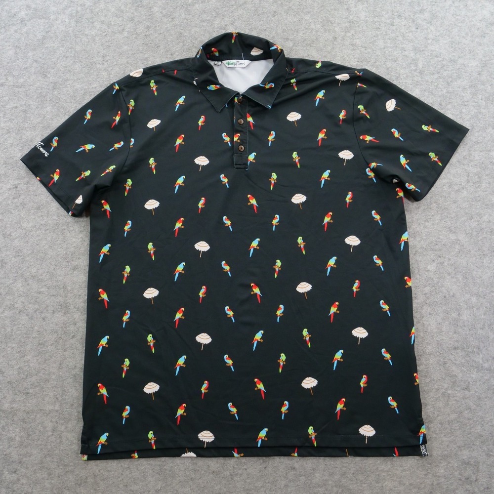 Kenny Flowers Mens Extra Large Golf Polo Shirt Black Parrot Performance Stretch